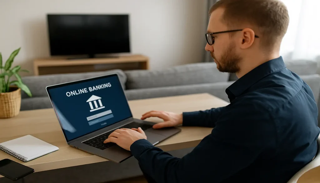 Ein Mann arbeitet am Laptop mit Open Banking in Deutschland, Fokus auf digitale Finanzverwaltung im Alltag.