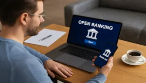 Ein Mann nutzt Laptop und Smartphone für Open Banking in Deutschland, dargestellt in einer modernen Wohnumgebung.
