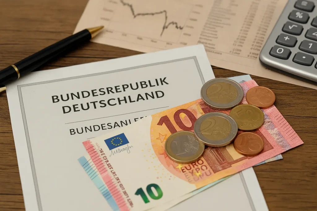 Symbolische Abbildung von öffentliche Titel in Deutschland mit Bundesanleihe, Euro-Scheinen, Münzen, Stift und Finanzdokumenten.