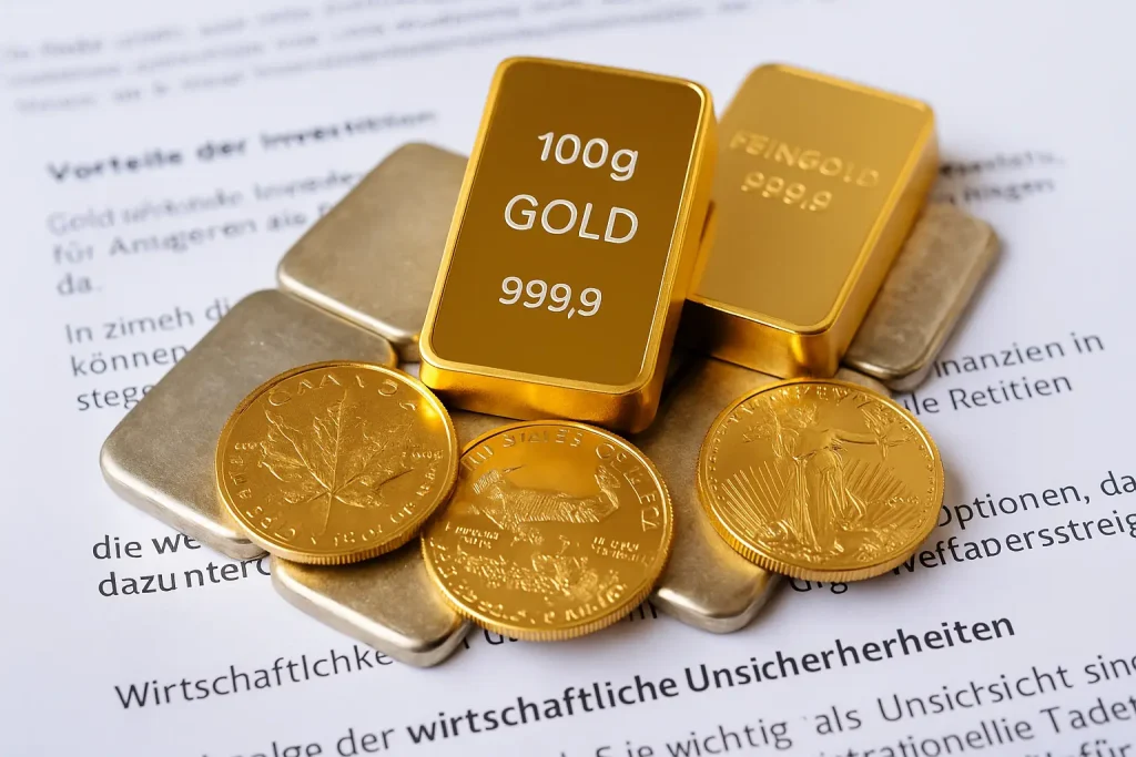 „Goldbarren und Silbermünzen auf Dokumenten, die die Stabilität und Chancen zeigen, um in Gold und Edelmetalle investieren zu können.“