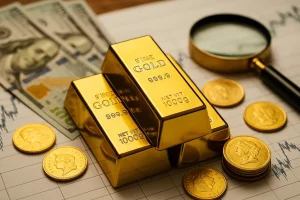 „Glänzende Goldbarren und Münzen auf Finanzdiagrammen, die symbolisieren, wie man 2025 sicher in Gold und Edelmetalle investieren kann.“