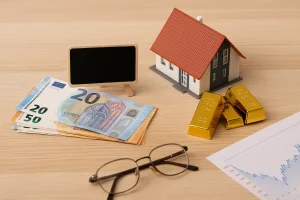 Ein realistisches Stillleben mit Euro-Banknoten, Goldbarren, einem Hausmodell und einer Brille auf einem Holztisch, das verschiedene Anlageformen der private Altersvorsorge in Deutschland symbolisiert.