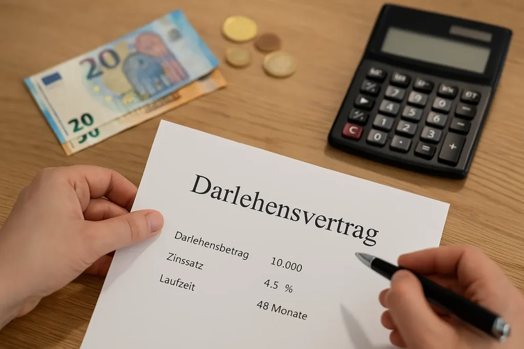 Ein Darlehensvertrag mit Geldscheinen, Münzen und Taschenrechner symbolisiert die Konditionen von Privatkrediten in Deutschland.
