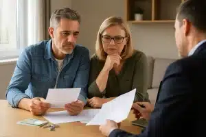 Ein Ehepaar spricht mit einem Finanzberater über Privatkredite in Deutschland, während sie gemeinsam Dokumente am Tisch prüfen.