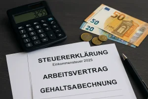 Finanzdokumente, Euro-Geldscheine und Münzen auf einem Schreibtisch als visuelle Darstellung praktischer Tipps zum Steuern sparen in Deutschland 2025.