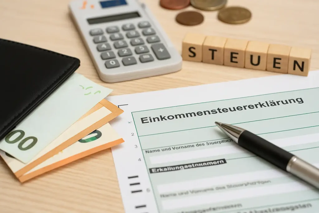 Realistische Darstellung eines Schreibtischs mit Steuerformularen, Euro-Banknoten und Taschenrechner, Symbol für legale Möglichkeiten zum Steuern sparen in Deutschland 2025.