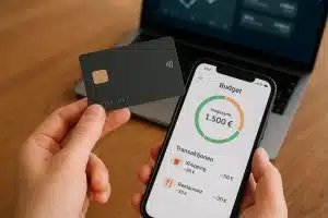 Eine Person verwendet intelligente Kreditkarten in Verbindung mit einer Finanz-App auf dem Smartphone, um ihre Ausgaben in Echtzeit zu verwalten.