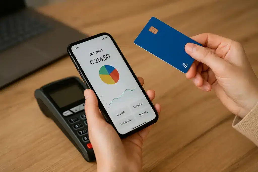 Eine Nahaufnahme zeigt den Einsatz intelligenter Kreditkarten beim kontaktlosen Bezahlen, während eine Finanz-App auf dem Smartphone den aktuellen Kontostand anzeigt.