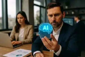 Ein Geschäftsmann arbeitet in einem modernen deutschen Büro mit einer holografischen Darstellung der künstlichen Intelligenz in Deutschland.