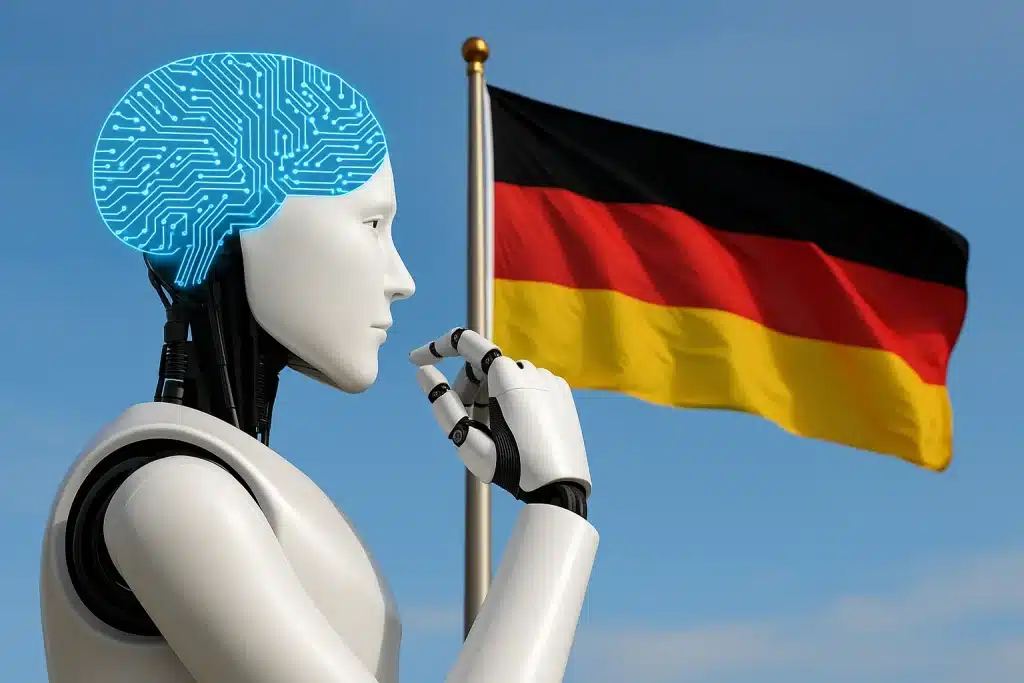Ein futuristischer Roboter symbolisiert die künstliche Intelligenz in Deutschland vor einer wehenden deutschen Flagge.