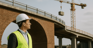 Bauingenieur mit Schutzhelm und Sicherheitsweste beobachtet eine Brücke im Bau – Symbol für Investitionen in Infrastrukturprojekte.