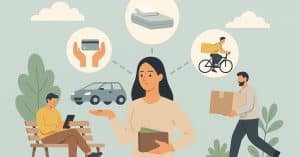 llustration einer Frau, die Sharing-Economy-Dienste nutzt und deren Einfluss auf ihre Finanzen überdenkt.