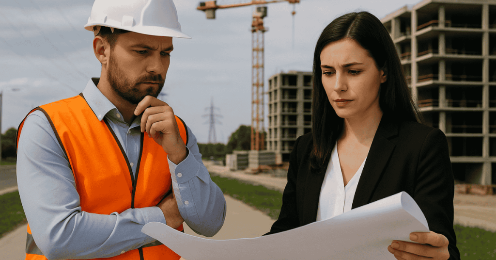Architektin und Bauingenieur besprechen Baupläne auf einer Baustelle – Darstellung von Investitionen in Infrastruktur und Stadtentwicklung.