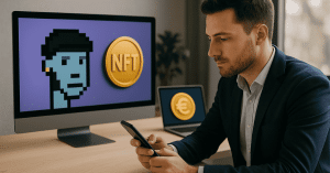Mann im Anzug sitzt am Schreibtisch und blickt auf Smartphone und Computerbildschirm mit NFT-Symbol und Pixel-Avatar – Konzeptbild für digitale **Investitionen** in Kryptowährung und NFTs.