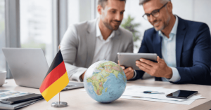 Zwei Geschäftsleute analysieren internationale Investitionen auf einem Tablet, mit Deutschlandflagge und Globus auf dem Schreibtisch.