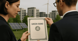 Zwei Personen betrachten ein Zertifikat „Green Bond“ vor Solarpanels und Windrad – Symbol für nachhaltige Investitionen in erneuerbare Energien.