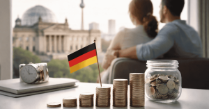 Münzstapel mit deutscher Flagge und Sparglas im Vordergrund, während ein Paar auf ein Regierungsgebäude blickt, als Symbol für langfristige investitionen und finanzielle Planung in Deutschland.
