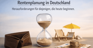 Rentenplanung dargestellt durch Sanduhr als Zeitfaktor, Geldbörse und gestapelte Münzen auf Euro-Scheinen sowie Strandsessel und Sonnenschirm als Symbol für den Ruhestand und langfristige finanzielle Vorsorge.