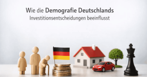 Symbolische Darstellung der demografischen Entwicklung Deutschlands mit Figuren verschiedener Altersgruppen, einer Deutschlandflagge auf Münzen, Haus und Auto, die zeigen, wie Investitionen durch den demografischen Wandel beeinflusst werden.