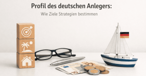 Auf einem hellen Tisch stehen drei aufeinandergestapelte Holzblöcke mit Symbolen für Zielscheibe, Urlaub und Eigenheim. Daneben liegen eine Brille und ein Stift. Im Vordergrund befinden sich Euro-Banknoten und Münzen. Rechts steht ein kleines Segelboot mit deutscher Flagge. Die Szene symbolisiert Anlageziele, Vermögensaufbau und strategische Investitionen in Deutschland.
