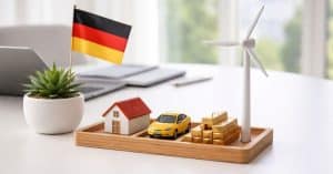 Modellhaus, Auto, Goldbarren und Windrad auf Tisch mit deutscher Flagge, Symbol für nachhaltige Investitionen und Vermögensaufbau.