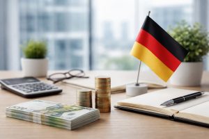 Münzstapel und Geldscheine neben Notizbuch, Taschenrechner und deutscher Flagge auf einem Schreibtisch – Symbol für Planung von Investitionen in Deutschland.