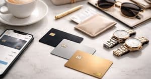 Mehrere Kreditkarte auf Tisch neben Smartphone, Geldbörse und Luxusuhren, Symbol für modernes Bezahlen und Finanzmanagement.