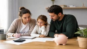 Die Bildgestaltung ergänzt dieses Thema auf eine ruhige und realistische Weise. Zu sehen ist eine Familie an einem Tisch, die gemeinsam Unterlagen prüft und ihre Ausgaben organisiert. Die minimalistische Atmosphäre, das natürliche Licht und die klaren Details vermitteln Verantwortung, Zusammenarbeit und Stabilität im Alltag. Dadurch unterstützt die Illustration die zentrale Botschaft des Artikels über finanzen und moderne Haushaltsplanung in Deutschland.
