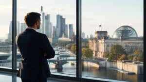 Ein Manager betrachtet das deutsche Stadtbild durch ein großes Panoramafenster in einem modernen Büro. Im Hintergrund bilden zeitgenössische Gebäude, historische Architektur und ein Fluss eine Szenerie, die wirtschaftliche Stabilität, Weitblick und Marktvertrauen vermittelt. Das Bild symbolisiert strategische Investitionen in Deutschland und unterstreicht Planung, nachhaltiges Wachstum und zukunftsorientierte Entscheidungsfindung.