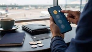 Reisender wählt am Smartphone die lokale Währung für Kreditkartenzahlungen im Ausland.